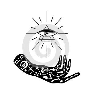 Vector illustration of hand with tattoos, an alchemy symbol with a triangle and an eye with rays. abstract graphics with