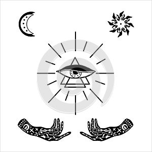 Vector illustration of hand with tattoos, alchemy symbol with a triangle and an eye with rays. abstract graphics with