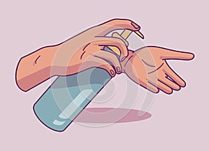 Vector illustration of hand treatment with antibacterial gel in doodle style.