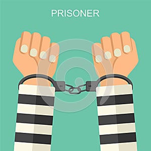 Vector illustration handcuffs on hands of prisoner. Arrested criminal man in handcuffs flat style illustration. A crime, arrest,