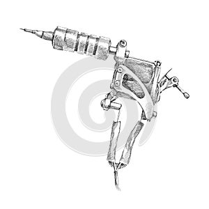 Vector illustration of handmade induction tattoo machine in black isolated on white background. Tattoo equipment for artist.