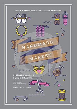 Vector illustration handmade market poster, crafts workshop, art fair and festival poster. Handmade tools.