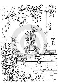 Vector illustration of handmade work, zentangl girl sitting on the bench. Doodle drawing. Coloring page Anti stress for photo