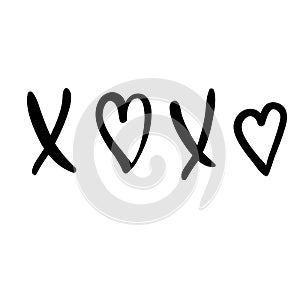 Vector illustration of Handrawn Xoxo calligraphy rough marker heart isolated on white background.