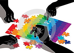 Vector illustration of hands composing puzzle.