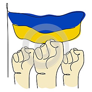 Vector Illustration with hands, fist, Ukrainian flag in tradition colors. Vector illustration global politics, NO WAR