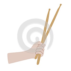 Vector illustration of Hands holding Drumsticks. Fist with Drum sticks isolated on white. Flat style Musical concept, Drummer day