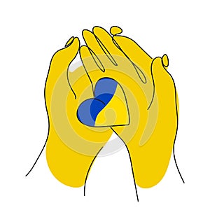 Vector illustration with hands palm keep hear in Ukrainian flag. Global politics, NO WAR, aggression problem picture in