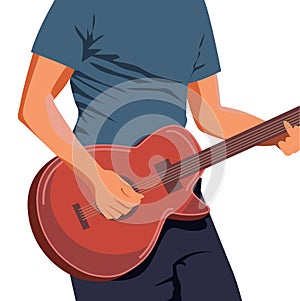 Vector illustration of hands playing light brown acoustic guitar. Close up, blue-green background, horizontal format.