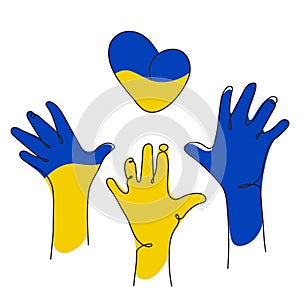 Vector illustration with hands signs and heart in Ukrainian flag. Global politics, NO WAR, aggression problem picture in