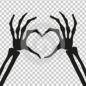 Vector illustration. Hands of Skeleton showing heart symbol cut out of background