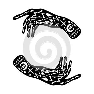 Vector illustration of hands with tattoos, an alchemy symbol moon and eye . abstract graphics with occult and mystical signs. Hand