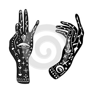 Vector illustration of hands with tattoos, an alchemy symbol moon and eye . abstract graphics with occult and mystical signs. Hand