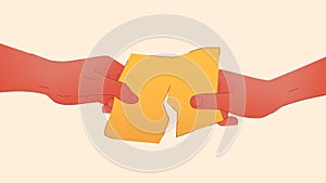 Vector illustration of hands tearing a piece of bread from both sides. People share food among themselves. Concept representing