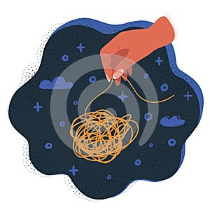 Vector illustration of hands trying to untangle the tangled thread on dark backround.