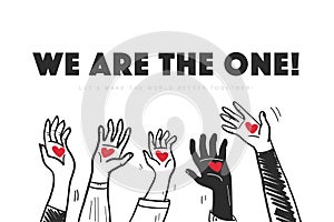 Vector illustration with hands up hold hearts isolated on white background.