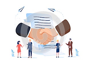 Vector illustration, handshake, conclusion of a contract, successful partnership, cooperation. Business contract, online