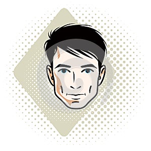 Vector illustration of handsome brunet male face, positive face