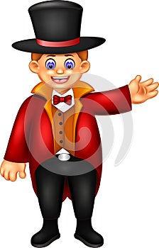 Handsome circus guides cartoon standinng with smile and wavinga