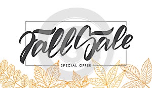 Vector illustration: Handwritten brush lettering of Fall Sale in frame on foliage background. Discount special offer