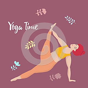 Vector illustration with happy asian an oversized woman in yoga position. Yoga time. Sports and health body positive concept for