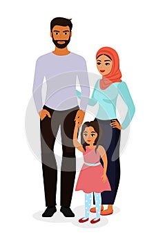 Vector illustration of happy and beautiful Arab family. Mother in hijab, father and daughter in flat cartoon style.