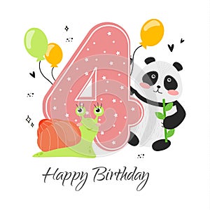 Vector illustration happy birthday card with the number four, animal panda with bamboo in the paw, snail, balloons, hearts, doodle