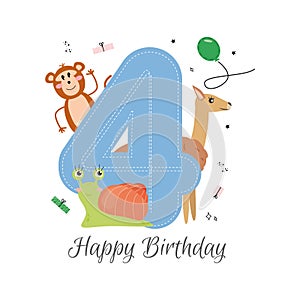 Vector illustration happy birthday card with number four, animals monkey, guanaco, snail, gifts, balloon, stars. Greeting card