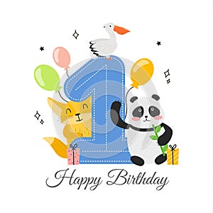 Vector illustration happy birthday card with number one, animal fenech, panda, pelican, gifts and balloons. Happy Birthday