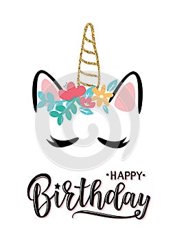 Vector illustration of a Happy Birthday Invitation with unicorn