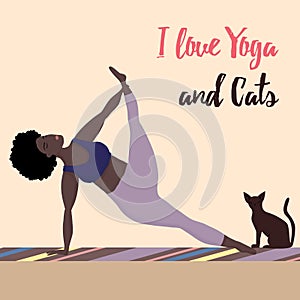 Vector illustration with happy black skin an oversized women in yoga position. I love yoga and cats. Sports and health body