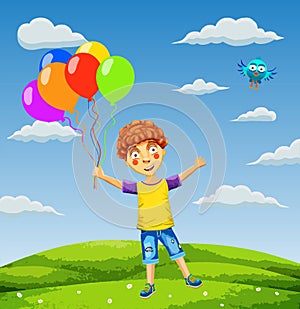 Vector illustration of a happy boy with balloons on a meadow