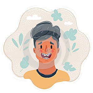 Vector illustration of happy boys face with braces