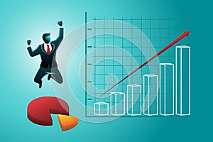 Vector illustration of happy businessman on pie chart jumping with growth chart