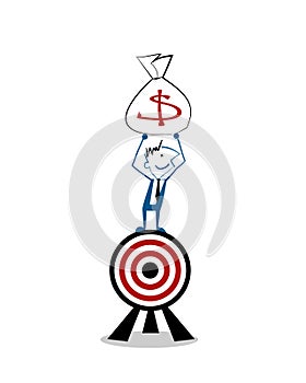 Vector illustration happy businessman standing over target and raising hands with money bag