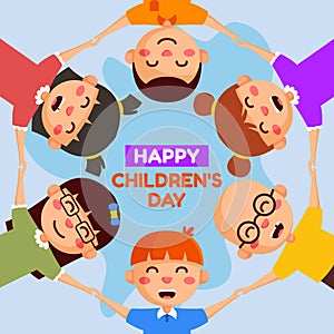 Vector illustration of happy children day. Many children love each other by holding hands. light blue background