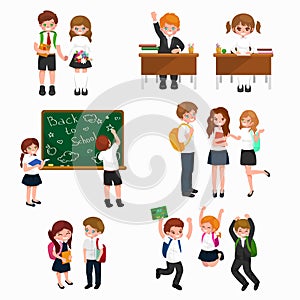 Vector illustration of happy children doing different fun activities at school like painting,studying,learning and