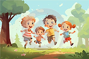 vector illustration of Happy Children Playing Outside