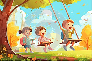 vector illustration of Happy Children Playing Outside