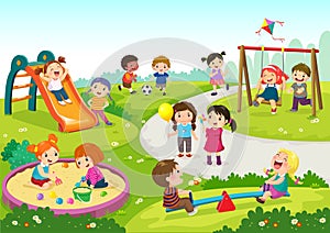 Happy children playing in playground photo