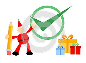 Vector illustration happy christmas red santa claus and green check list flat design cartoon style