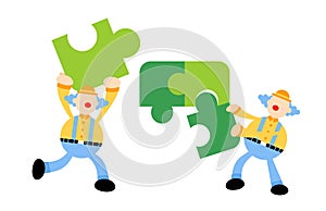 Vector illustration happy clown and play green puzzle teamwork flat design cartoon style