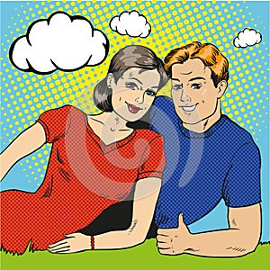 Vector illustration of happy couple in retro pop art style.