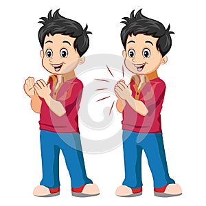 Vector illustration of happy cute little kid boy standing and clap the hand