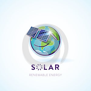 Vector illustration of a happy Earth character solar panels for sunglasses