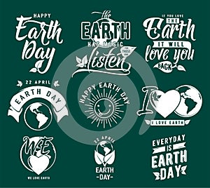 Vector illustration of happy Earth day element set with earth globe, leaves