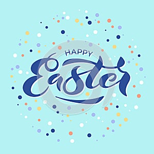 Vector illustration of Happy Easter text for greeting card, invitation, poster. Hand drawn lettering for Pascha holiday.