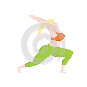 Vector illustration with happy european of oversized woman in yoga position -stretching. Sport and body health positive concept