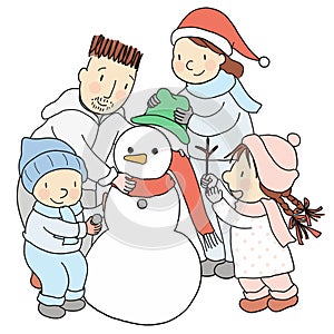 Vector illustration of happy family building and decorating a snowman for Christmas time in winter holiday