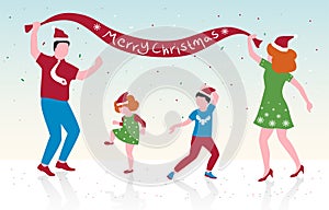 Vector illustration of happy family dancing, parents and their children celebrate Christmas,flat design